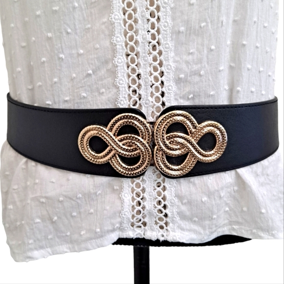 Black corset belt boho elastic wide Faux leather gold spirals waist plus size - Picture 9 of 16